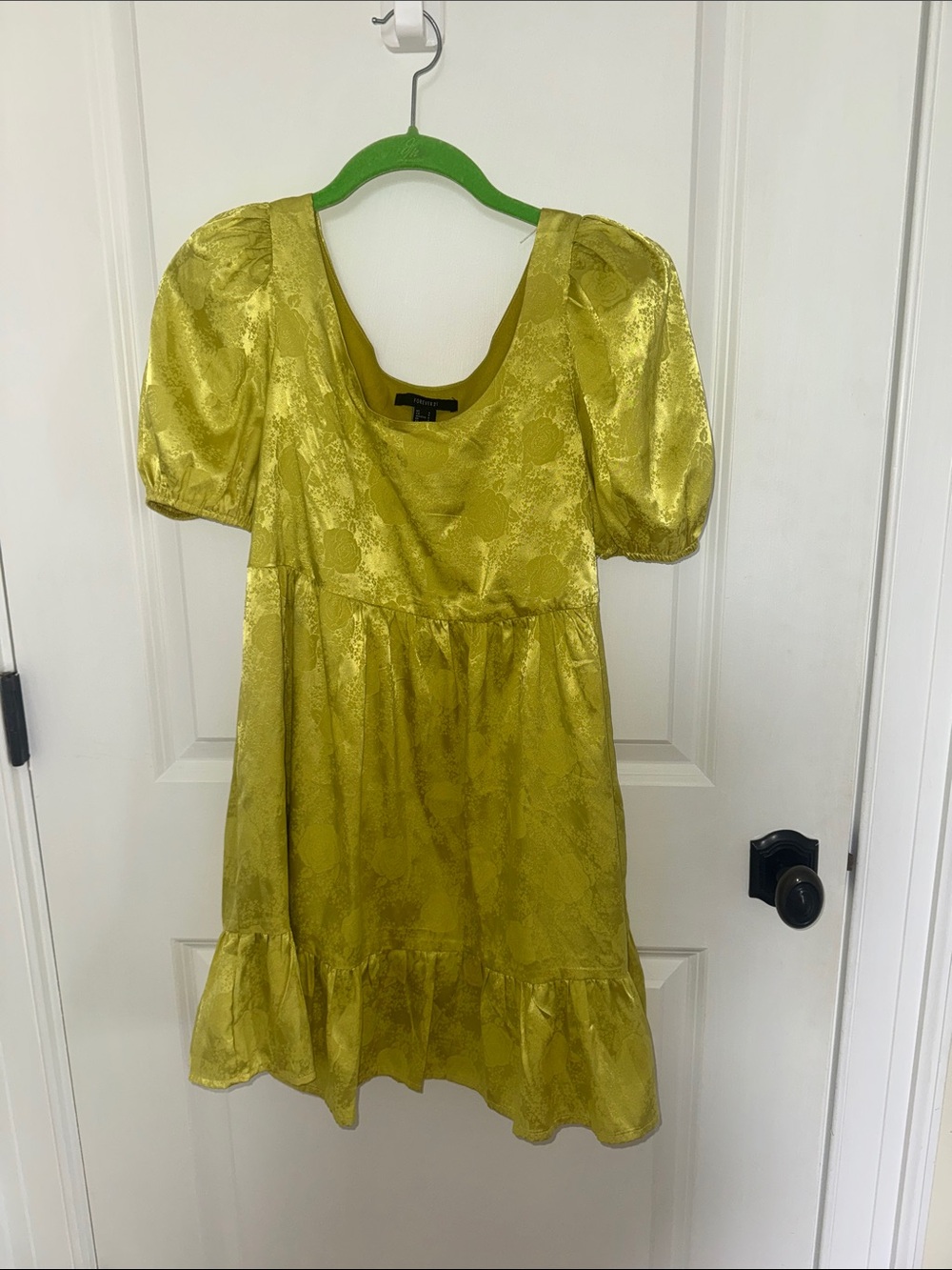 Yellow Satin Puff-Sleeve Dress